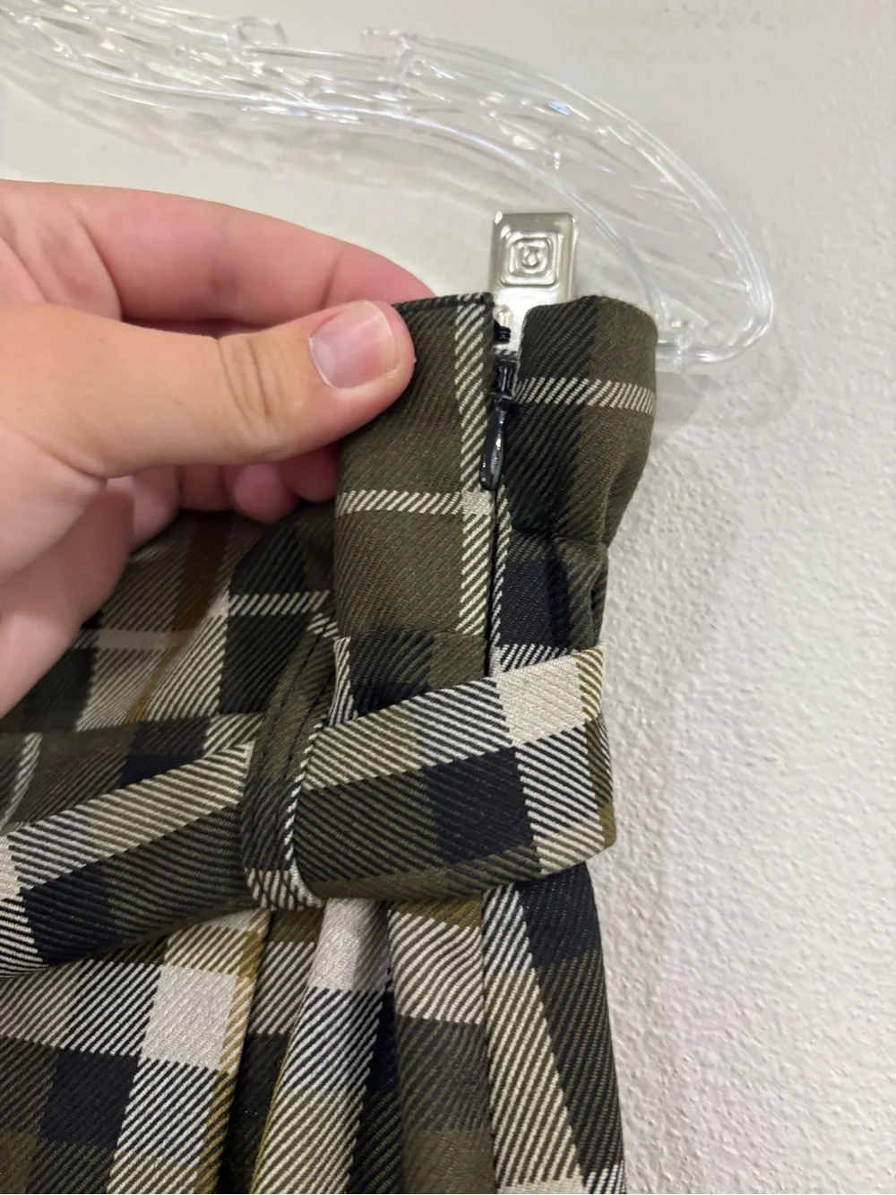 H&M Olive and Cream Plaid Midi Skirt with Tie Waist